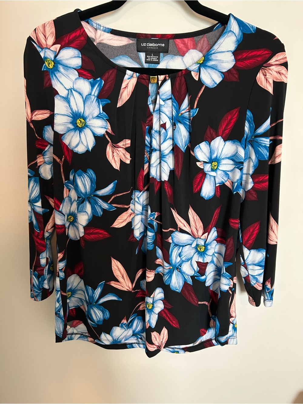 Liz Claiborne Career Black Blouse with Blue & Pink Floral Print